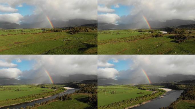 航拍新西兰草原与彩虹