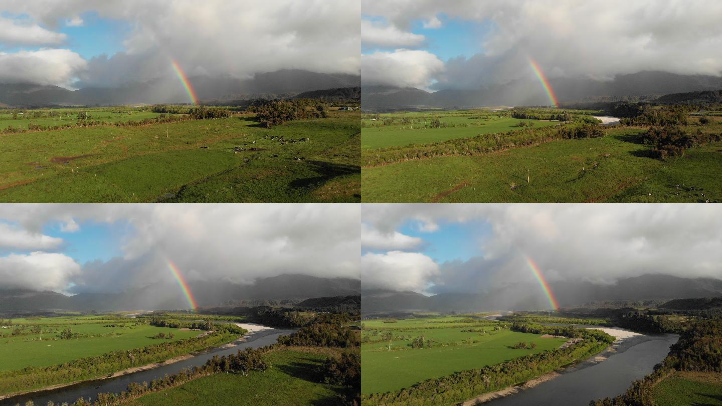 航拍新西兰草原与彩虹