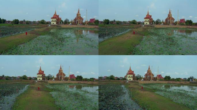 航拍柬埔寨金边附近农村的寺庙