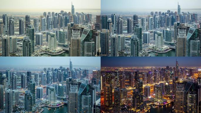 迪拜码头黄昏城市延时航拍迪拜市视频旅游宣