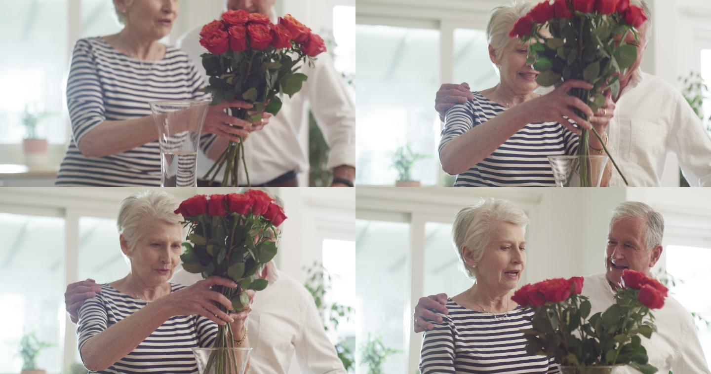 将丈夫送的一束玫瑰插在花瓶里