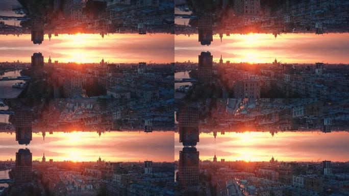 未来城市空中背景。镜子的效果。