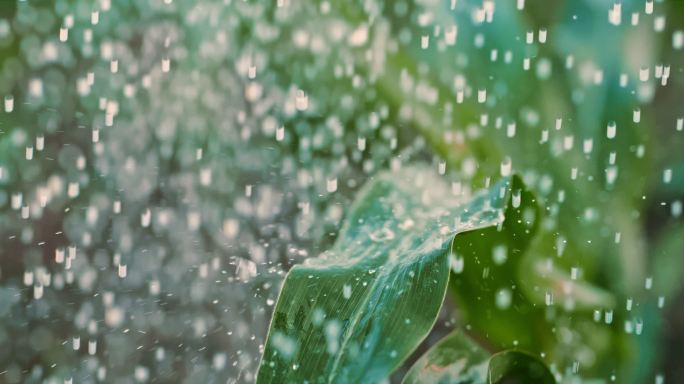 雨落在绿色的玉米叶子上