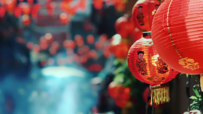 中国新年灯笼与祝福文字寓意快乐