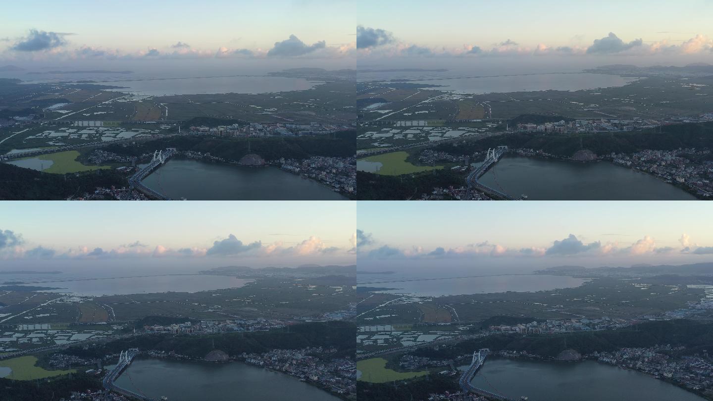 日落后高空横飞航拍玉环月亮桥大景