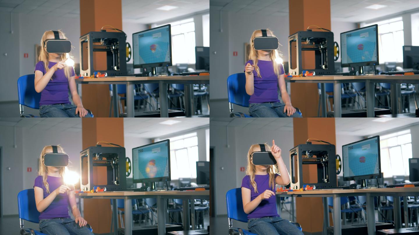 一名学生在计算机科学课上使用虚拟现实眼镜