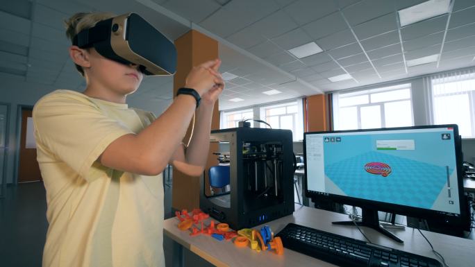 学生在科学实验室中使用虚拟现实眼镜