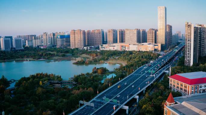 道路日转夜延时公园湖水延时