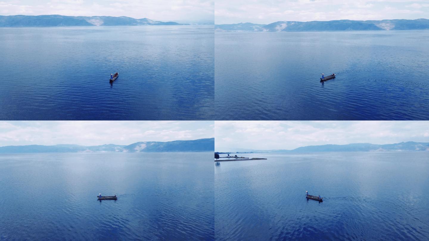 大理-洱海-渔船-环绕-航拍-蓝天