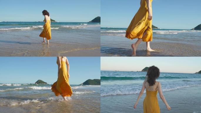 海滨美女海边沙滩行走漫步脚步奔跑大海