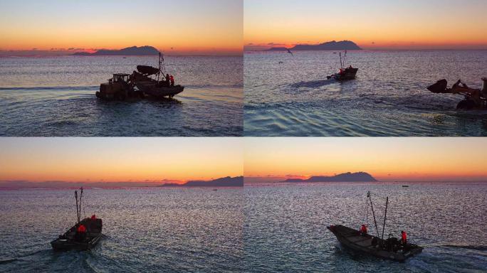 4K航拍清晨一条渔船出海