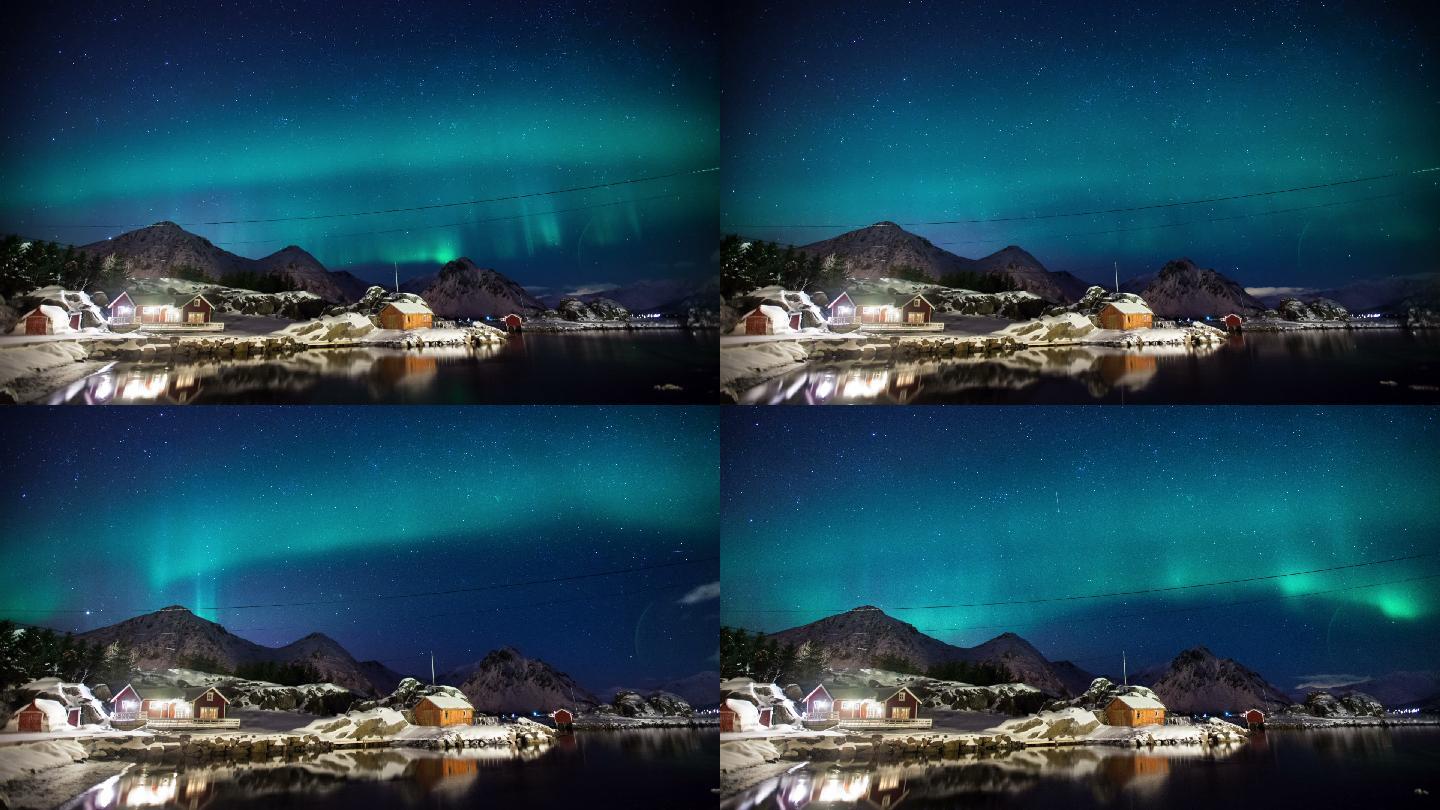 北极光在挪威北部罗弗敦群岛美丽的景观
