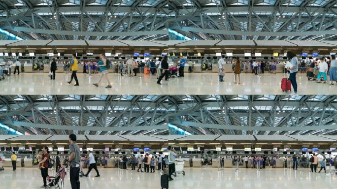 旅客在机场值机柜台大厅的人群
