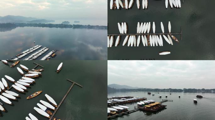 4K超高清航拍杭州西湖杨公堤手划船码头