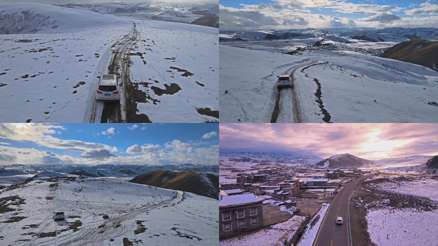 航拍川西雪地开车