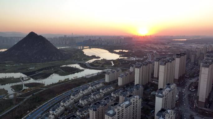 济南中海华山湖华山航拍夕阳城市建筑4k