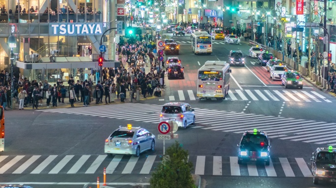 日本东京涉谷步行街夜间鸟瞰图