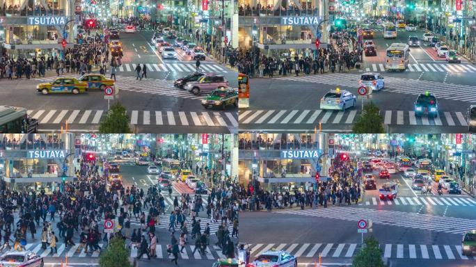 日本东京涉谷步行街夜间鸟瞰图