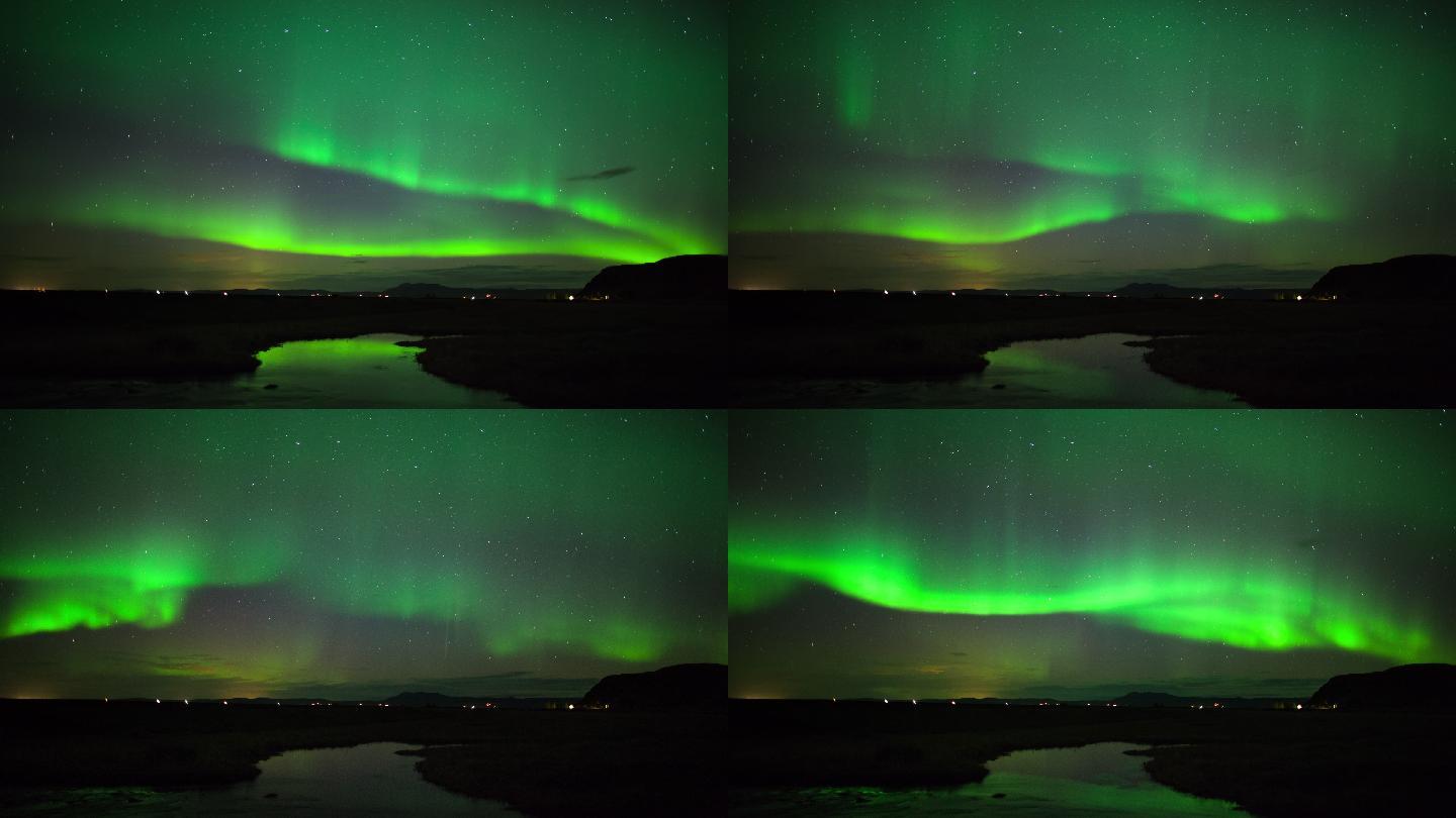 延时拍摄美丽的绿色北极光-冰岛的北极光