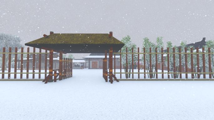 古代茅草屋瓦房民居小院三顾茅庐场景-雪景