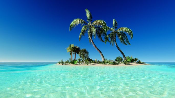 棕榈树摇曳的热带岛屿。