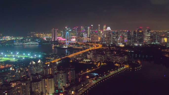 航拍新加坡商业区城市中心夜景