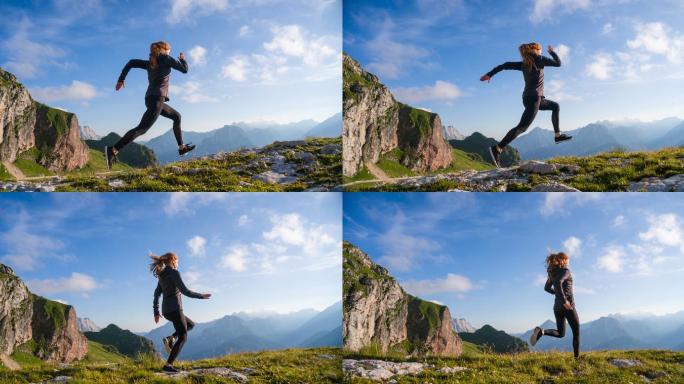 在山间奔跑的女人青春活力年轻积极阳光挫折