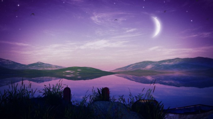 抽象动画的夜景与湖泊