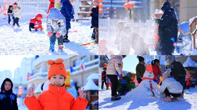 儿童戏雪堆雪人打雪仗