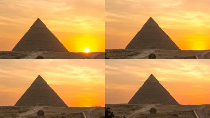 在埃及吉萨，大金字塔的时间在日落时流逝
