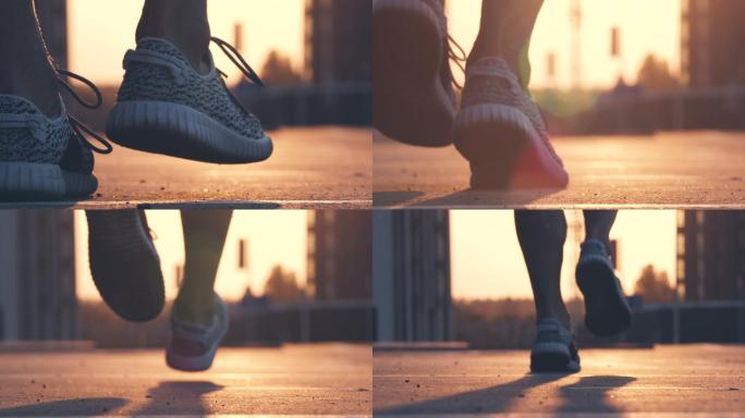 运动员在晨跑夕阳黄昏脚步