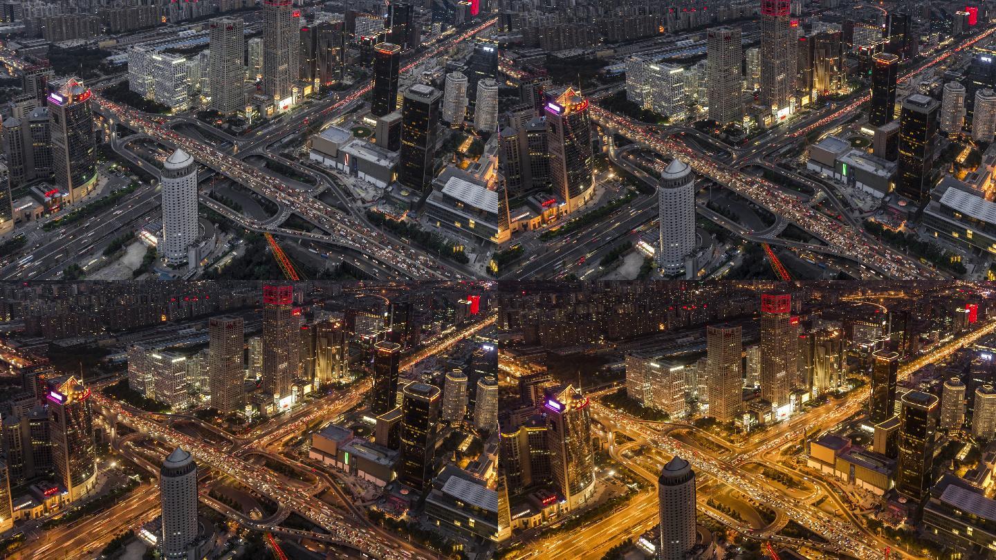 从白天到晚上的北京天际线的高角度视图