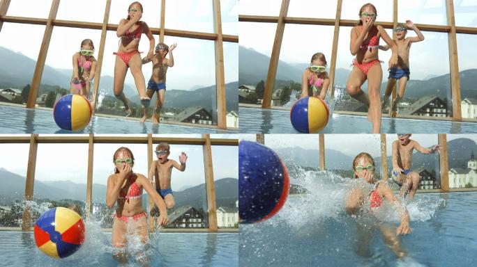 三个孩子跳进游泳池的超级慢镜头