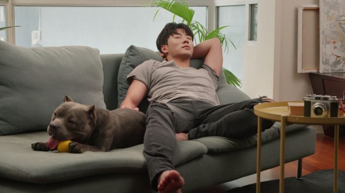 年轻男子和宠物狗在沙发上休息