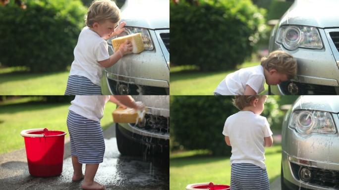 一个男孩在一个晴朗的夏日用海绵洗车。