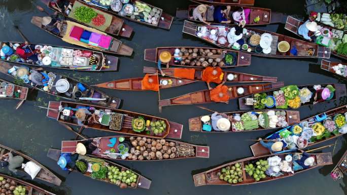 传统浮动市场俯拍俯瞰贸易交易传统文化