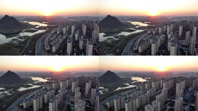 济南中海华山湖华山航拍夕阳城市落日4k