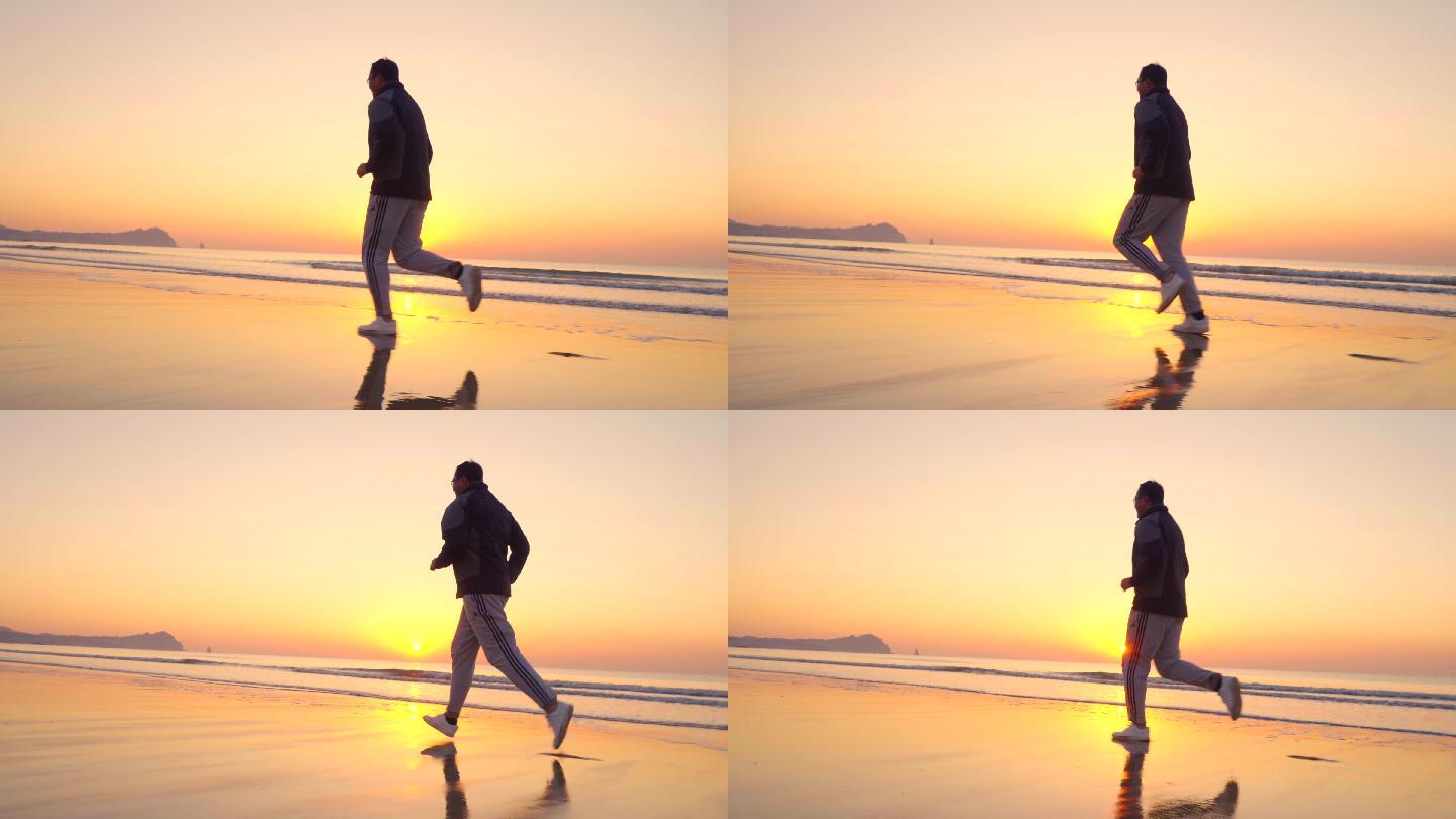4K 早晨在海边迎着太阳跑步-晨跑健身