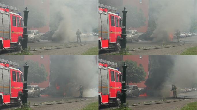 消防队员及燃烧车辆
