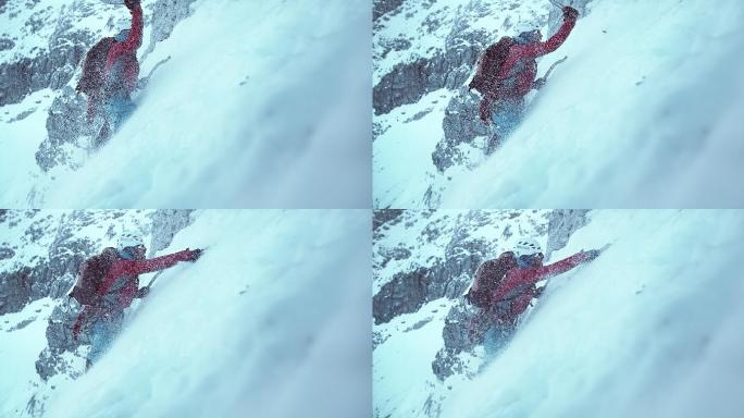慢动作锁定一个冬季登山者摆动他的冰斧爬山