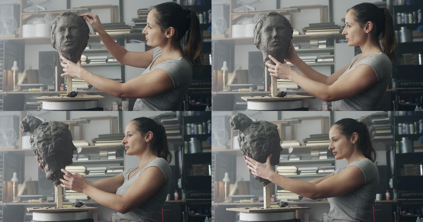 女艺术家在艺术工作室用粘土雕刻脸部