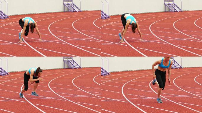 年轻女运动员在户外跑道上练习