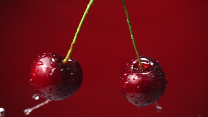 两颗新鲜成熟的樱桃在红色背景上相互碰撞