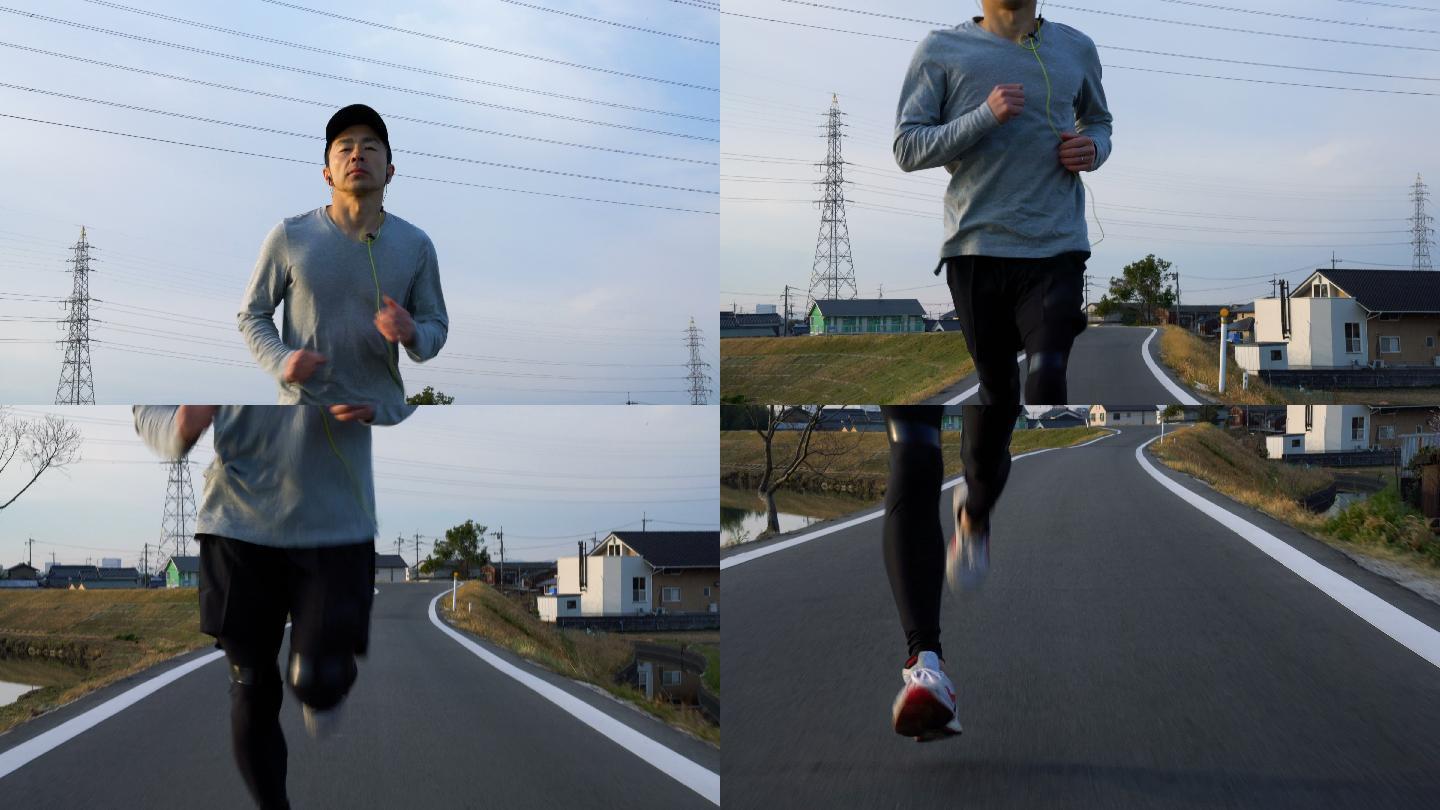 一个中年男人在早晨跑步的特写