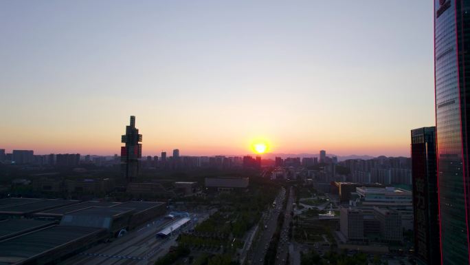 城市夕阳下山航拍