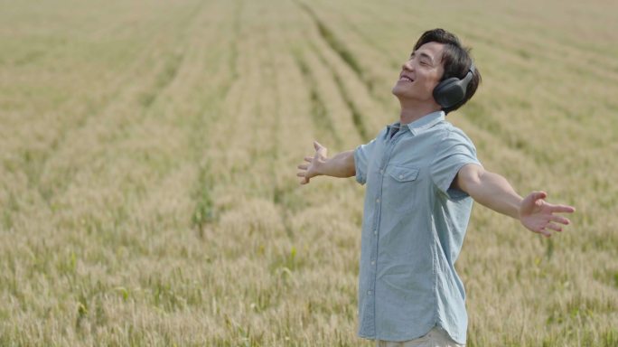 快乐的年轻男士在麦田里戴着耳机听音乐