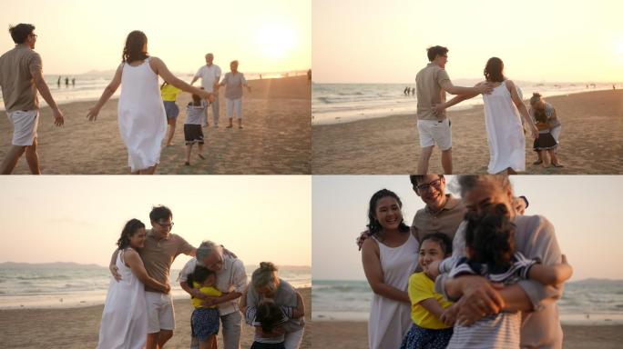 4K快乐的大家庭在海滩度假