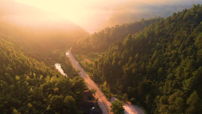 朝阳下的雾中山间公路