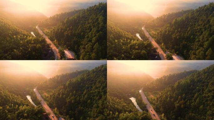 朝阳下的雾中山间公路