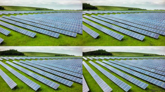 太阳能发电站的面板。替代绿色能源航拍。